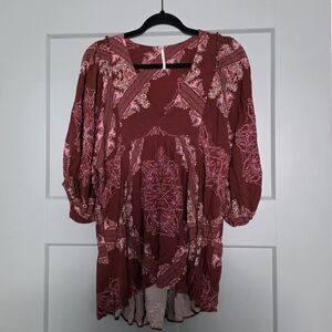 Free People Burgundy Paisley Babydoll Tunic Top XS Boho
